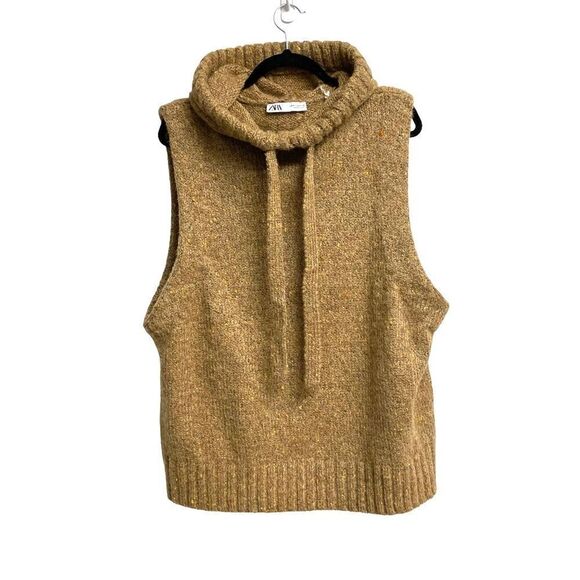 (SOLD) ZARA Sleeveless Hooded Oversized Chunky Knit Sweater Brown Tan M - Picture 1 of 10
